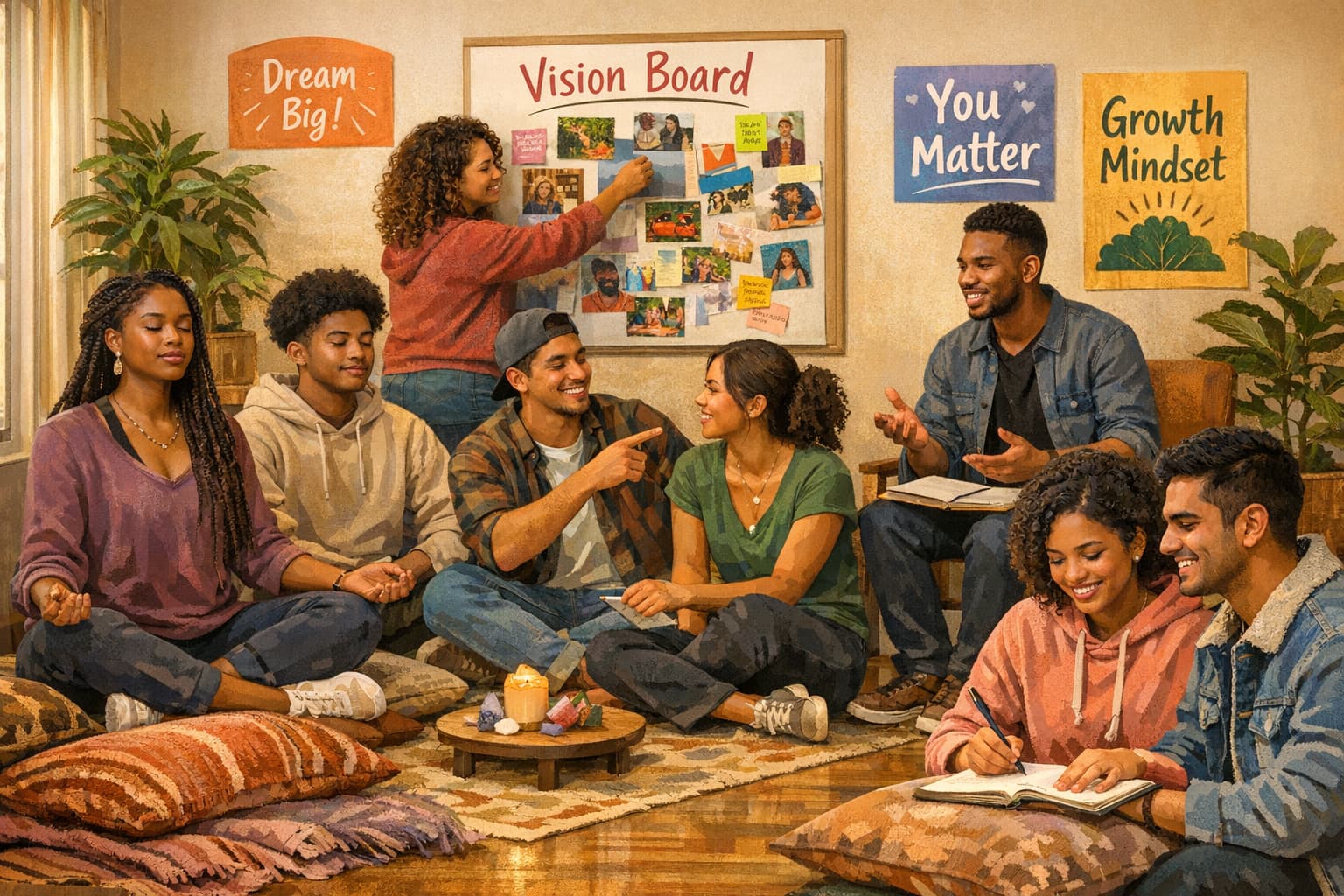 A diverse group of young people of color participating in activities for personal growth in a warm and welcoming environment.