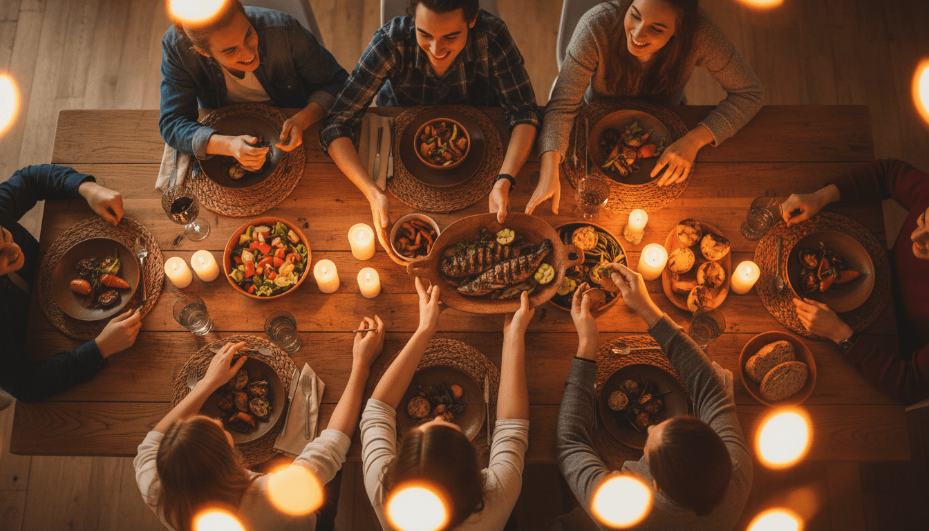 Young adults and teens sharing a meal together around a wooden table in warm candlelight