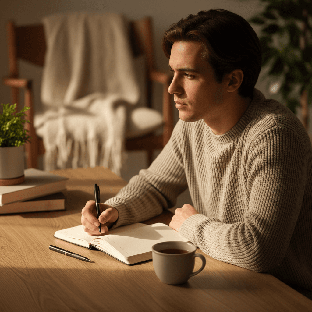 Young adult writing in a journal during a reflection session