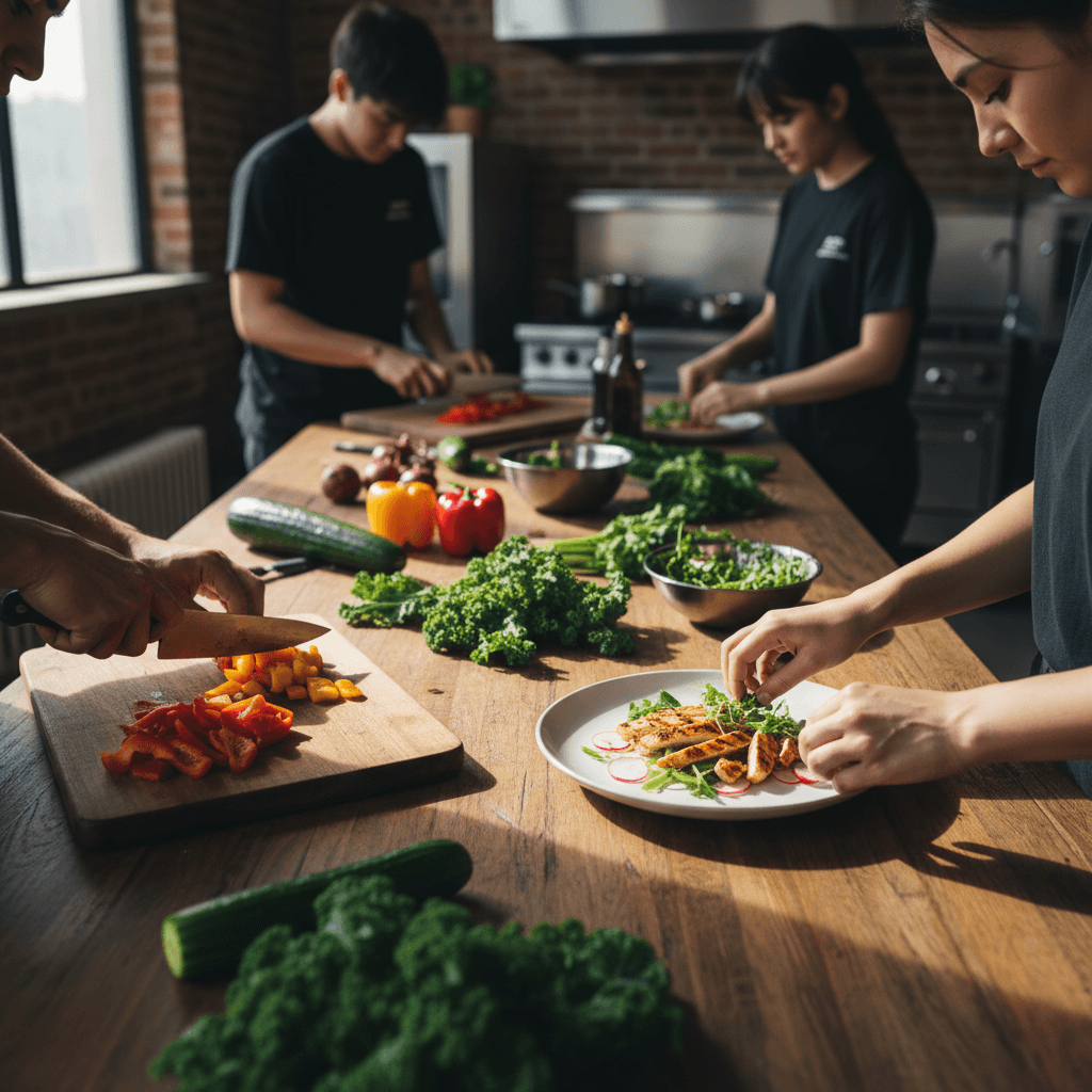 Young adults collaborating in the Finding the Way restaurant kitchen