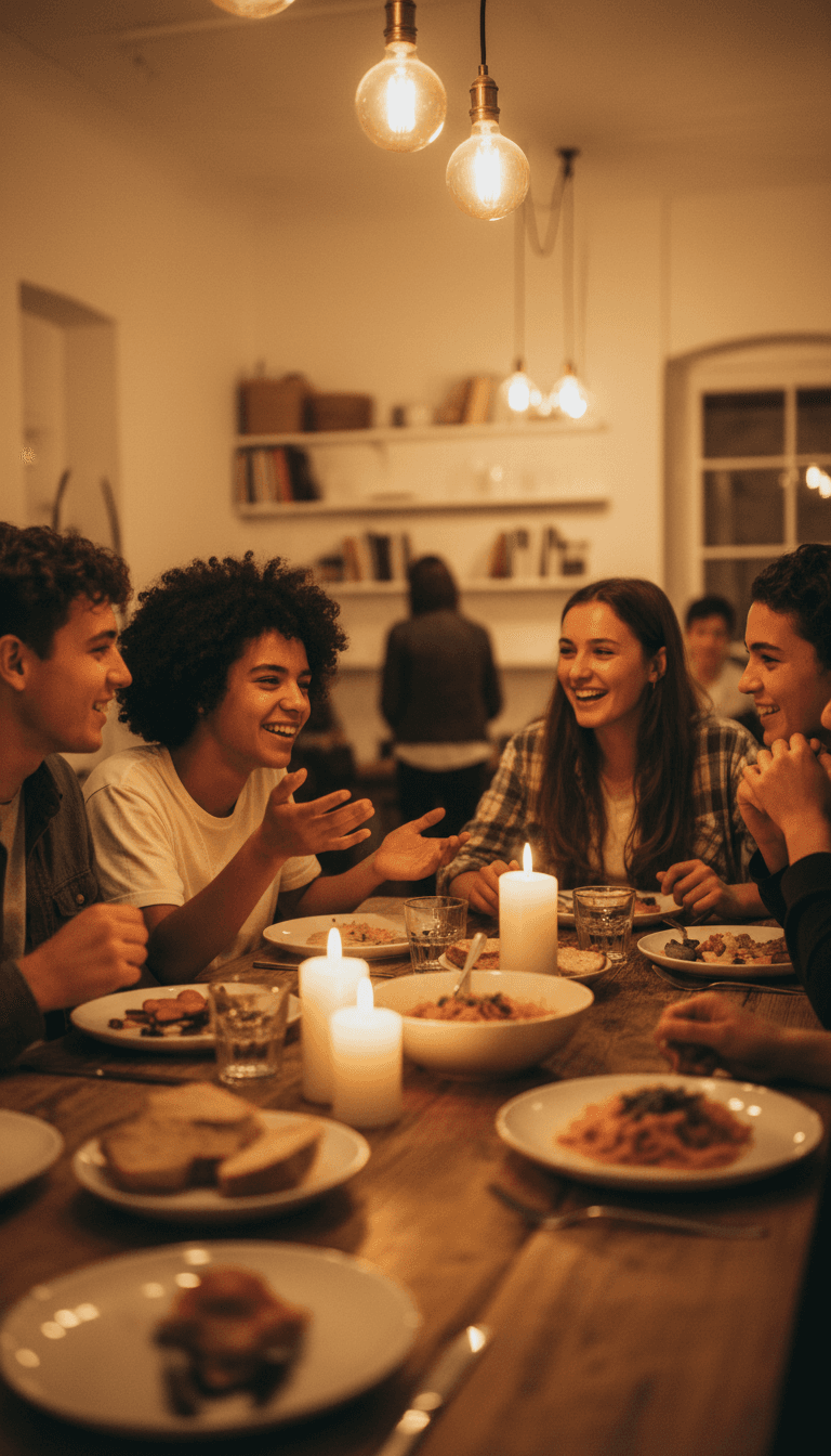 Teens and young adults sharing a meal together in a warm, intimate setting