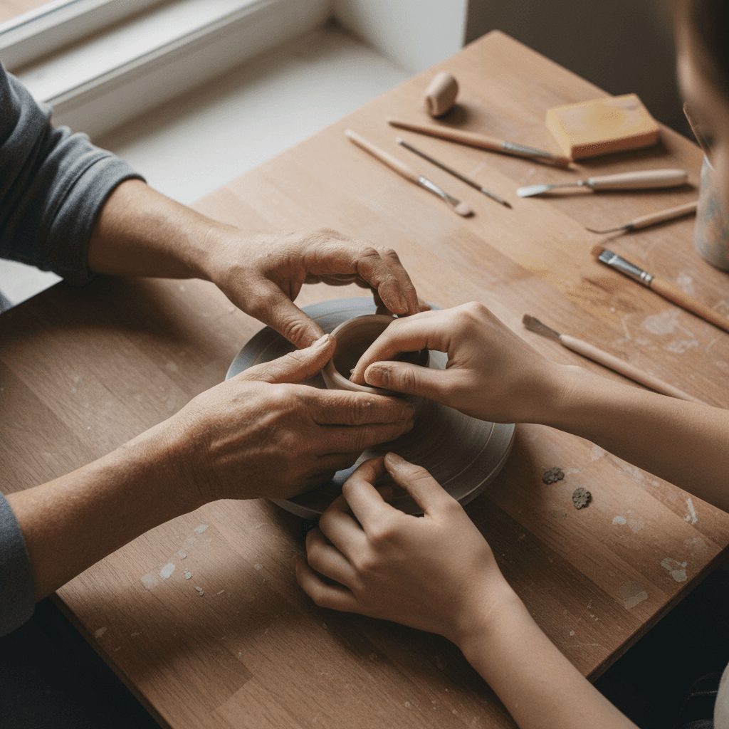 Mentor and young adult hands collaborating on a creative activity
