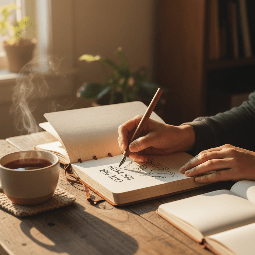 Close-up of a young person journaling and reflecting in a peaceful, supportive space