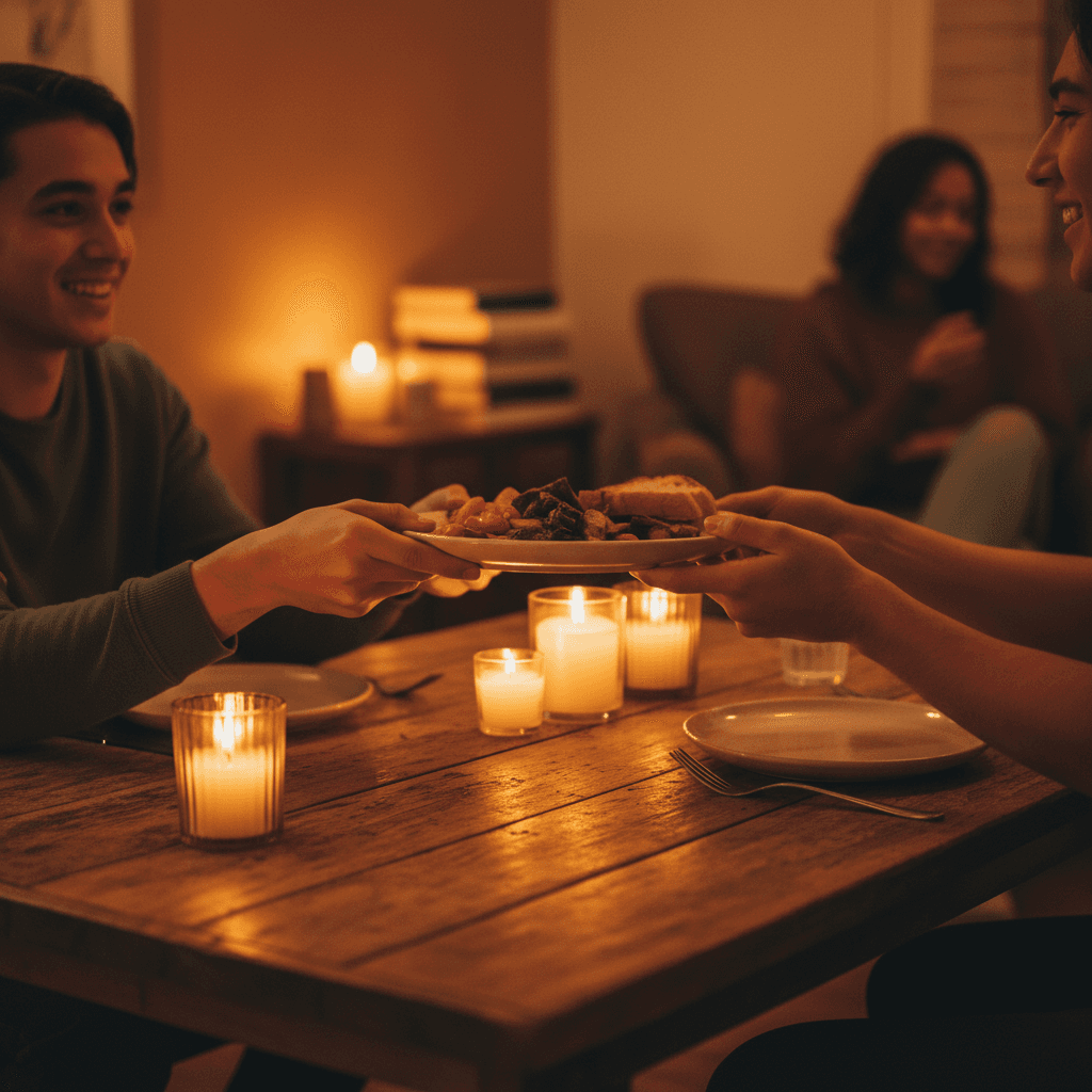 Hands sharing a meal in a supportive community setting
