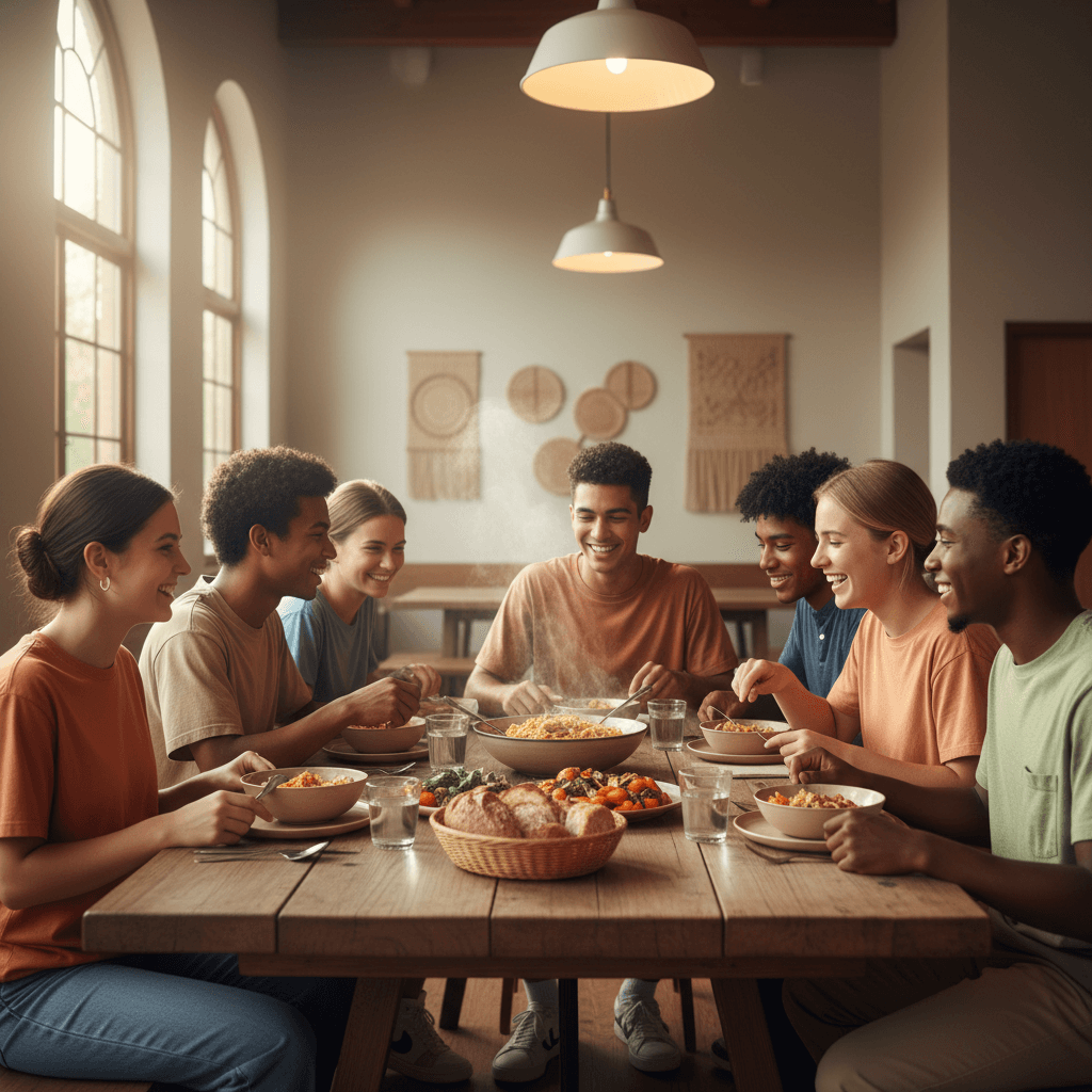 Young adults gathering for shared meals and community