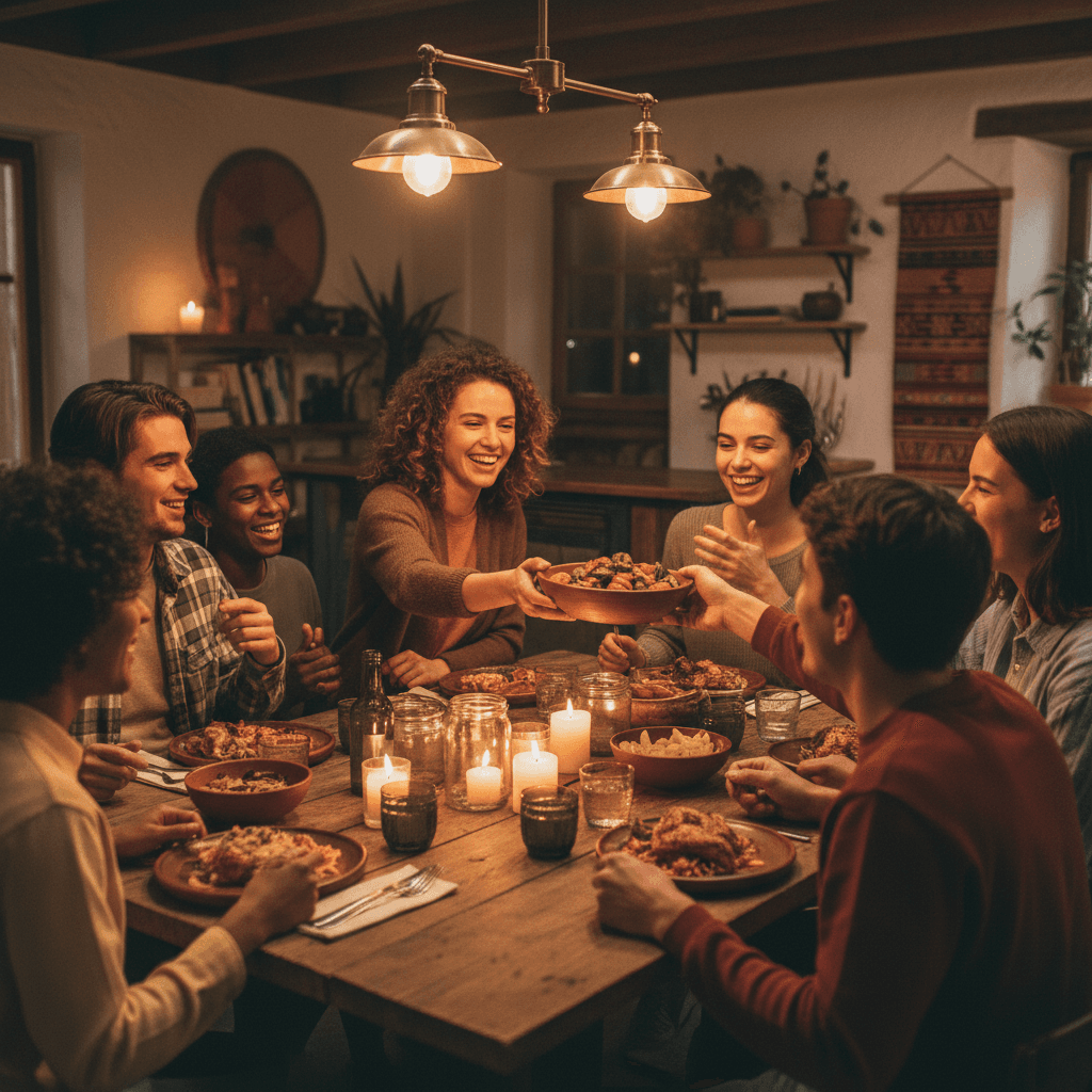 Teens and young adults sharing a meal together in a supportive community space