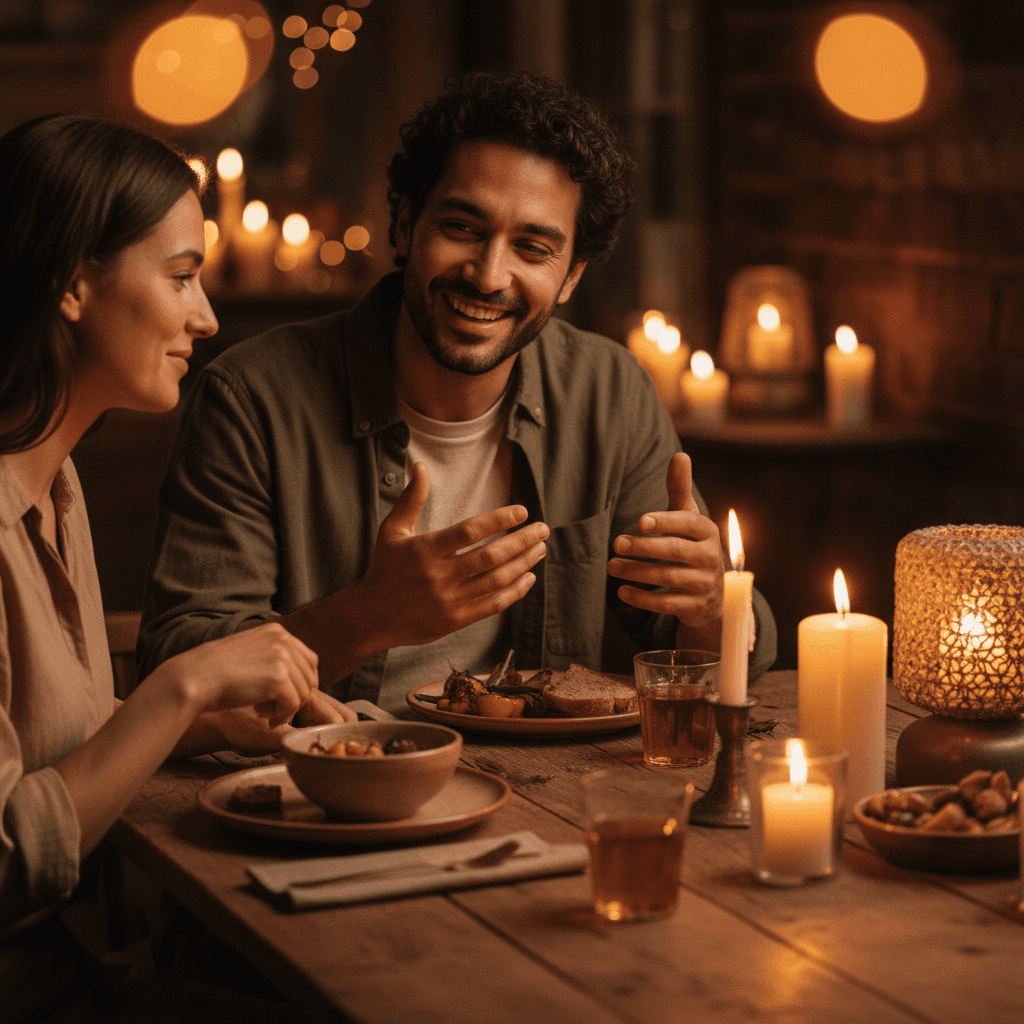 Two young adults having a meaningful conversation over a meal