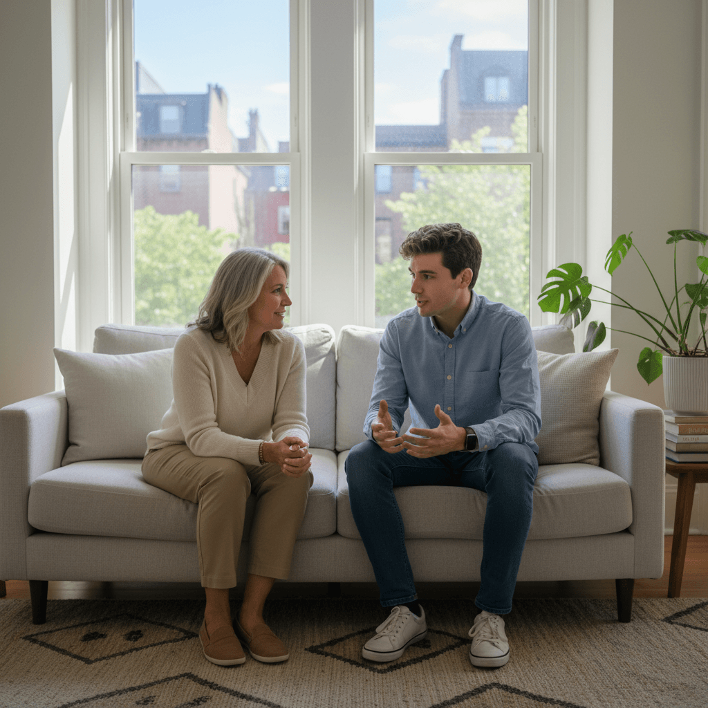 Young adult receiving one-on-one guidance from a mentor in a comfortable setting