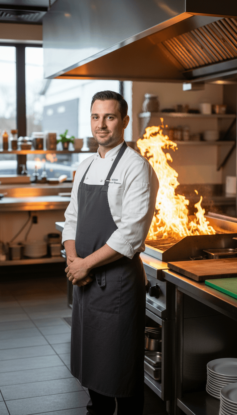 Professional chef in white coat standing confidently by flame grill in open kitchen area of casual restaurant