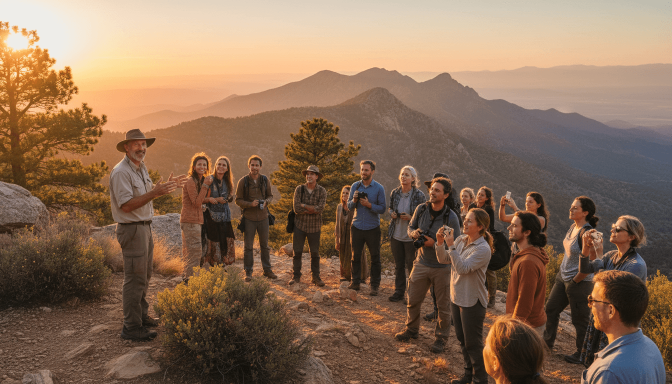 Tour guide pointing out landscape features to diverse group of travelers at scenic mountain overlook during golden hour sunset