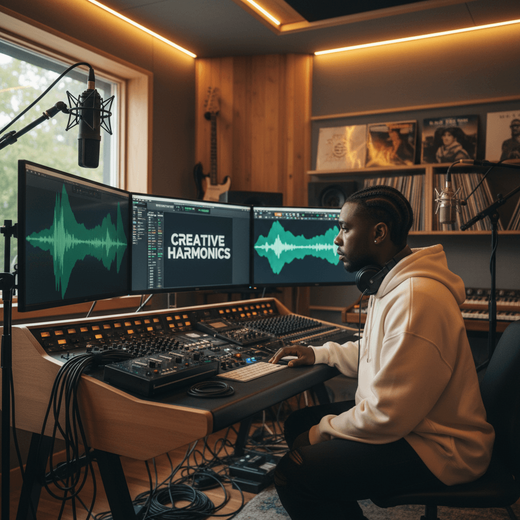 Musician reviewing audio waveforms at mixing console in professional recording studio with production equipment