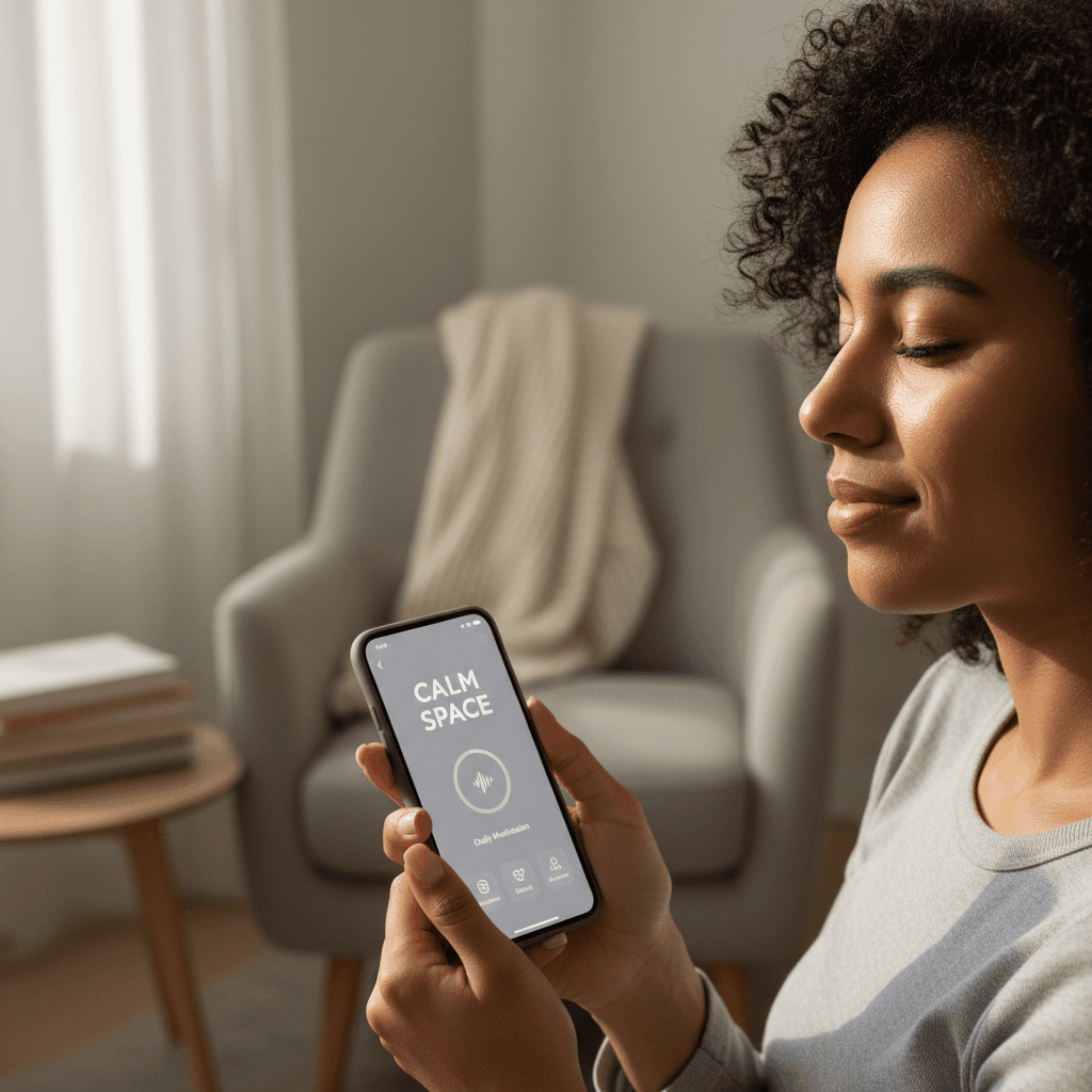 Person holding smartphone displaying meditation app with peaceful expression in comfortable home setting