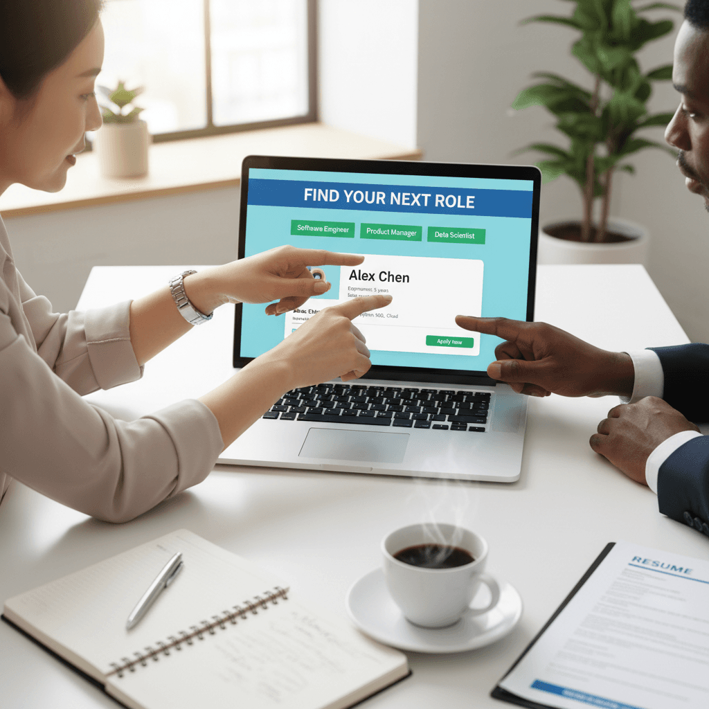 Two professionals with diverse backgrounds pointing at job listings on a laptop screen in bright, modern workspace