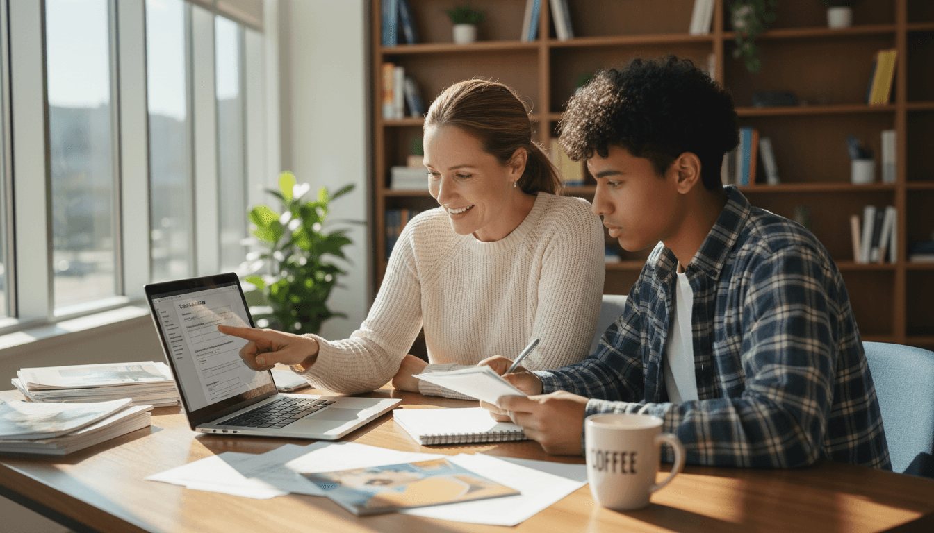 Mentor and high school student reviewing college application materials together at a wooden desk in natural daylight