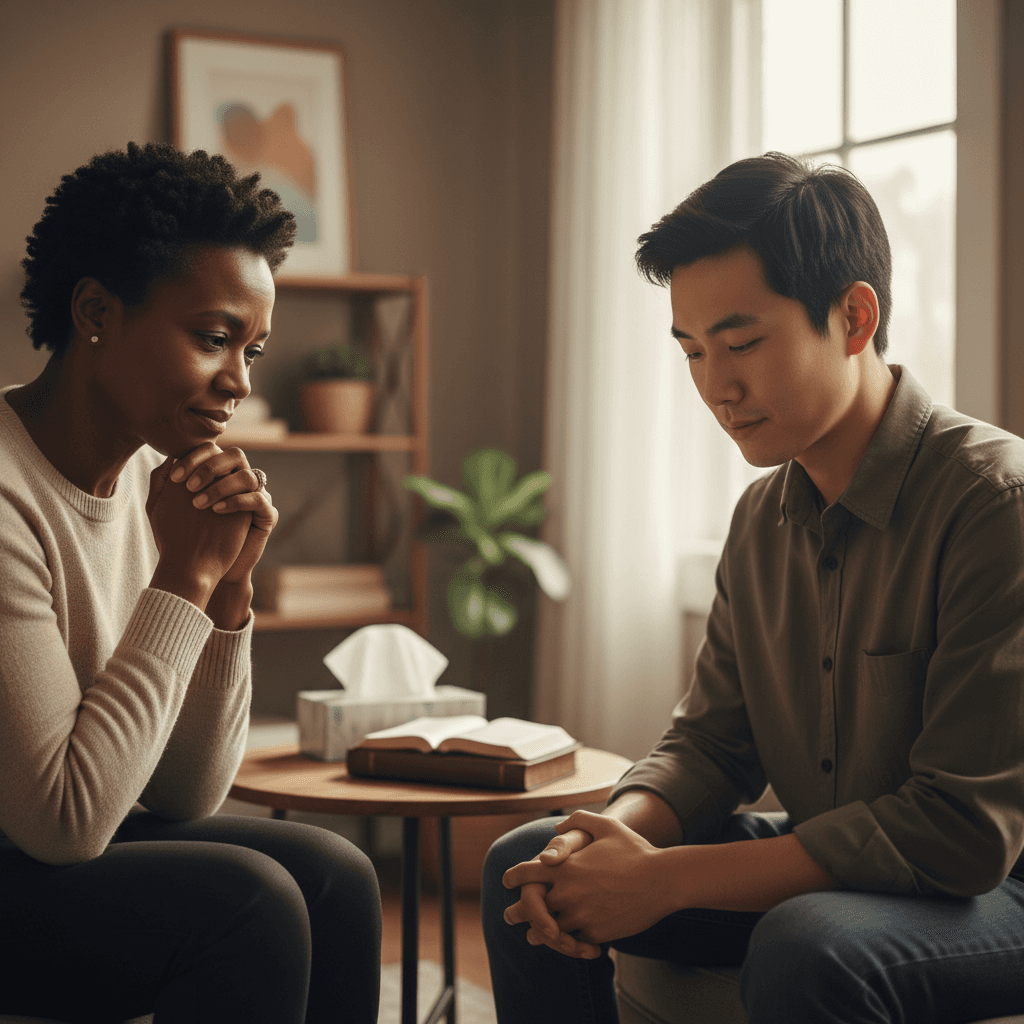 Compassionate spiritual counselor and community member in intimate pastoral care conversation in peaceful, naturally-lit counseling space.