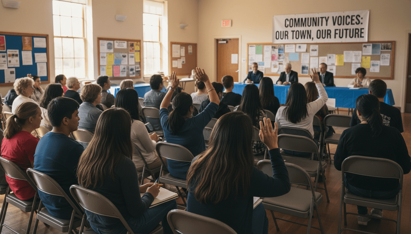 Diverse community residents engaged in town hall meeting, seated audience members with raised hands, natural afternoon lighting in community center