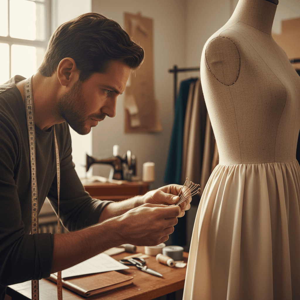 Tailor's hands carefully pinning dress hem on mannequin with measuring tape visible around neck in natural light