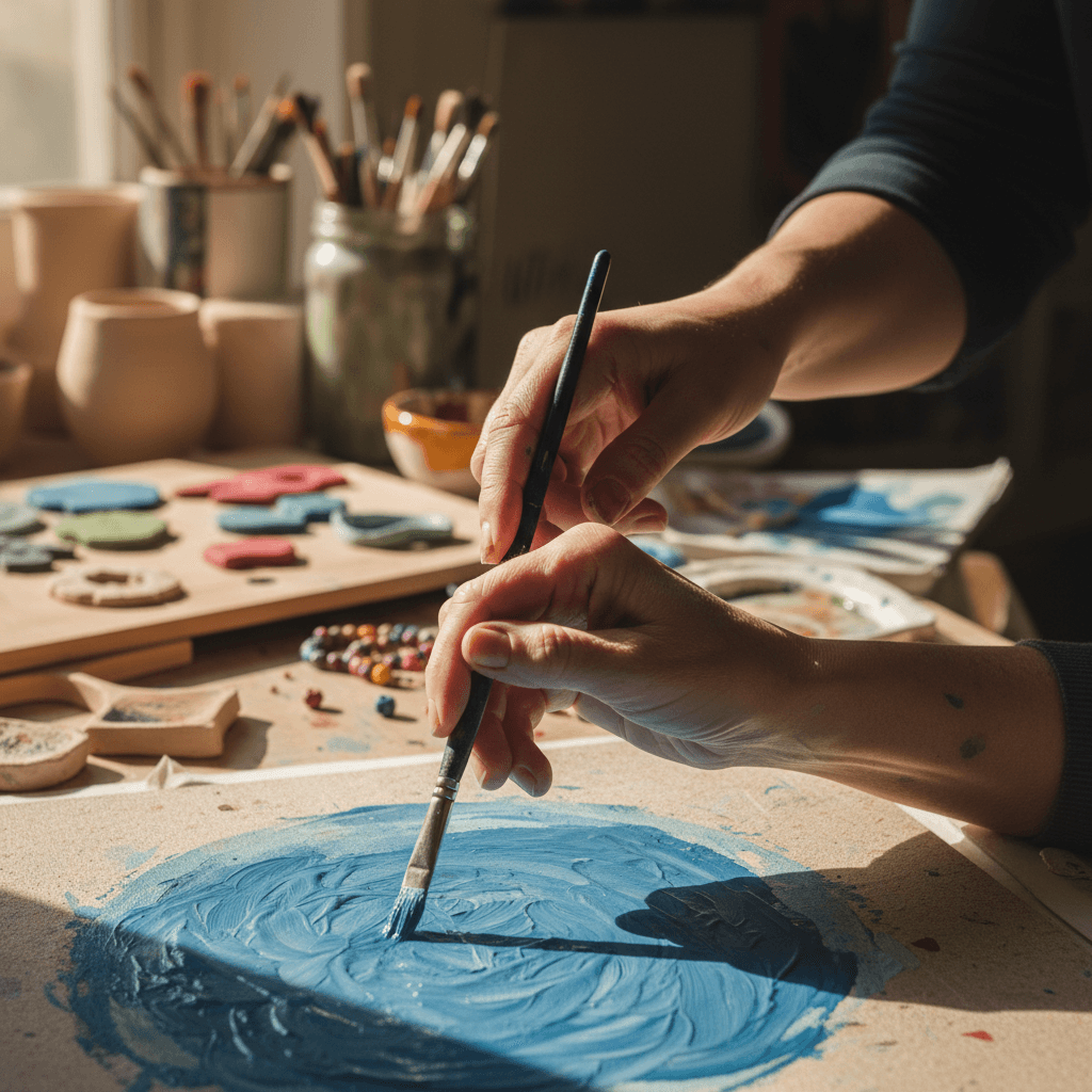 Close-up of hands as a person with disability and support worker engage together in a creative hobby activity.