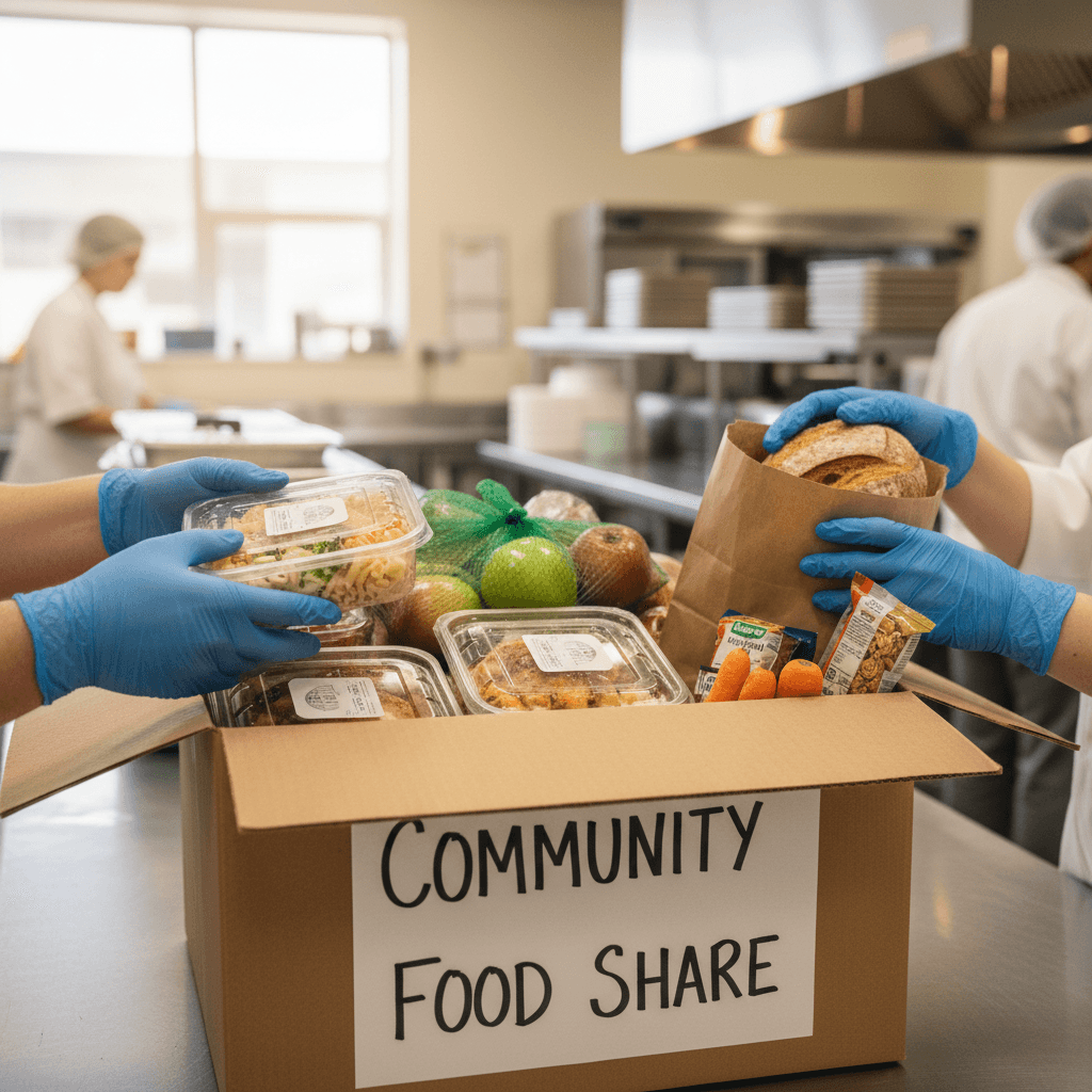 Hands placing fresh packaged food items into donation box at school cafeteria counter with natural window lighting